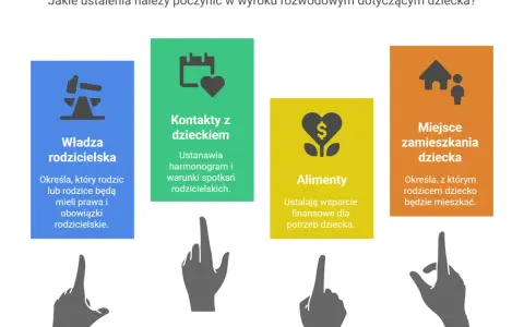 Rozwód z dziećmi: ustalenia dotyczące władzy rodzicielskiej, kontaktów, alimentów i miejsca zamieszkania dziecka.