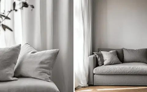 En grå, nopprig soffa med mjuka kuddar framför ett ljust draperi. En inbjudande sittplats för avkoppling.