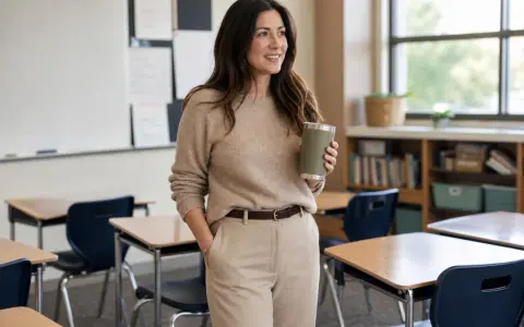 A woman in a tan sweater and slacks, holding a green tumbler, embodies how to dress like a teacher with a polished yet comfortable classroom look.