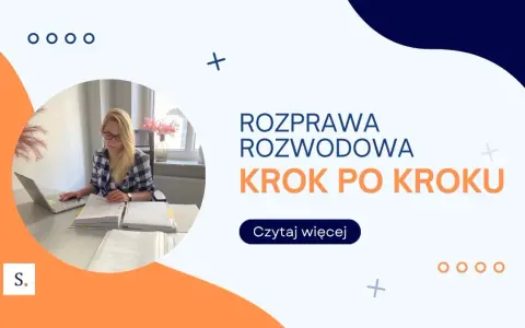 Kobieta pracuje przy dokumentach, przygotowując się do rozprawy rozwodowej. Tekst: "Rozprawa rozwodowa krok po kroku".