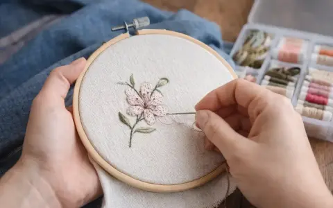 Manos bordando una flor en un bastidor. Se aprecian hilos de colores y las medidas de los bastidores son importantes para este arte.