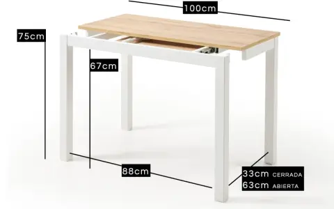 Mesa extensible blanca con tapa de madera. Muestra cómo abrirla, con medidas de alto (75cm), ancho cerrado (67cm) y abierto (100cm).