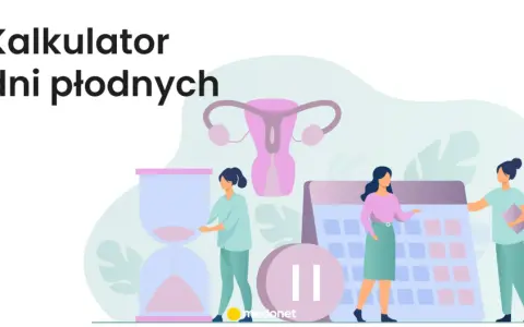 Kalkulator dni płodnych: cykl miesiączkowy, kalendarz, klepsydra i symbol pauzy.