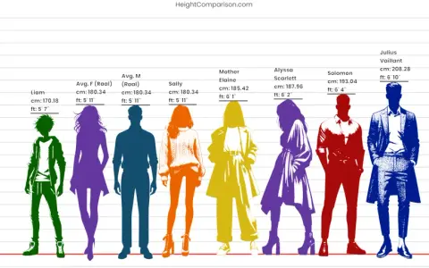 Wykres porównuje wzrosty postaci. Rama 19 cali na jaki wzrost? Liam ma 170 cm (5'7"), inni są wyżsi.