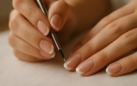 Dłonie z perfekcyjnym francuskim manicure, jedna z nich trzyma cienki pędzelek, jakby tworzyła dzieło sztuki.