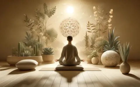 En person mediterar i lotusställning, omgiven av växter och en mandala. En bild som påminner om buddhismens ursprung och dess lugnande kraft.