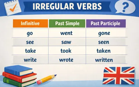 Tabela czasowników nieregularnych: infinitive, past simple, past participle. Czasownik "take" ma formy: take, took, taken.