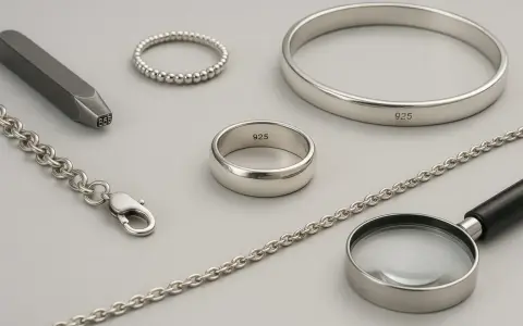 Gioielli in argento 925: anelli, bracciale, catena e punzone. La qualità è visibile anche con una lente d'ingrandimento.