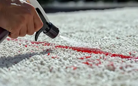 Ręka rozpyla płyn na czerwone plamy na białym dywanie, pokazując, jak usunąć rdzę z ubrania.