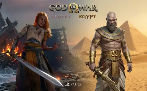Kratos w stroju faraona i Laufey w scenerii starożytnego Egiptu. God of War Egypt.
