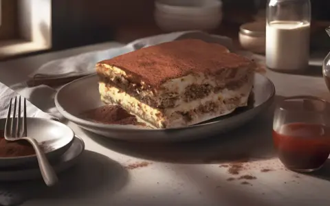 Un délicieux tiramisu, saupoudré de cacao, attend sur une assiette. Un verre de café et une carafe de lait complètent ce tableau gourmand.