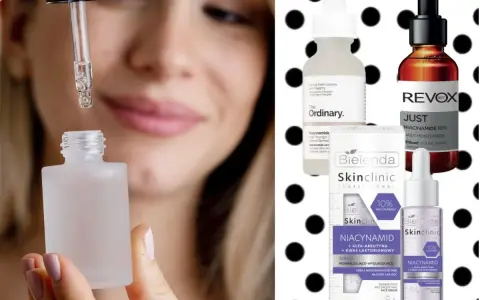 Kobieta aplikuje serum z niacynamidem. Na zdjęciu widać też produkty z niacynobazą od The Ordinary, Revox i Bielenda.