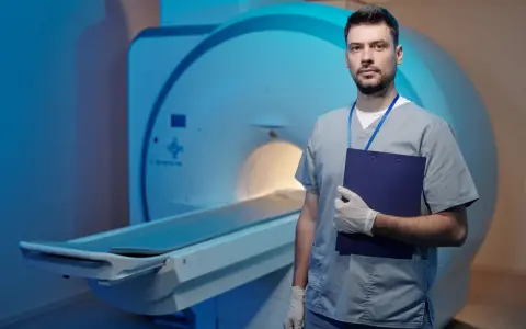 Lekarz w rękawiczkach z teczką stoi obok aparatu MRI. Dyskutuje o powikłaniach po rezonansie magnetycznym bez kontrastu.