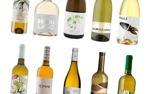 Varias botellas de vino blanco, algunas con etiquetas que sugieren los mejores vinos Utiel-Requena, como Bodal Blanco y Fuentesecca.