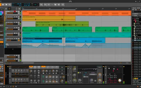 Sekwencja w Bitwig 8-Track z samplami perkusyjnymi i syntezatorami.