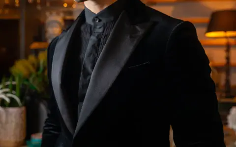 Uomo con abito nero in velluto, camicia con jabot e cravatta. Eleganza senza tempo per un abbinamento perfetto.