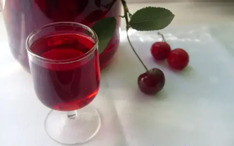 Szklaneczka nalewki z wiśni, obok świeże owoce i gałązka. Pyszny alkohol z wiśni.