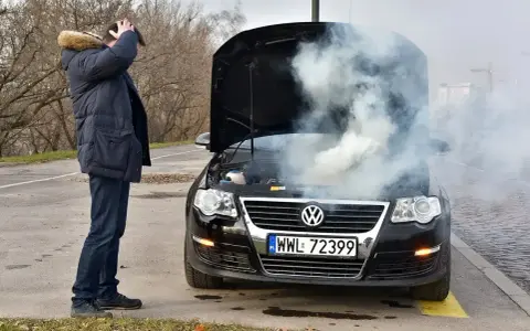 Mężczyzna z przerażeniem patrzy na dymiący silnik swojego Volkswagena. To typowe objawy zatarty silnik.