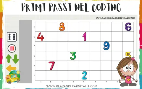 Gioco per imparare il coding online gratis: una griglia con numeri e icone per muoversi.