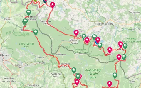 Trasa rowerowa przez Sudety i Karkonosze, z zaznaczonymi punktami w parkach narodowych i krajobrazowych.
