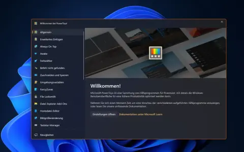 Microsoft PowerToys: Willkommensfenster mit Liste von Tools wie FancyZones, Awake und Farb-wähler. Optimiert die Windows-Oberfläche für Poweruser.