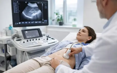 Lekarz wykonuje badanie USG jamy brzusznej u pacjentki leżącej na kozetce.