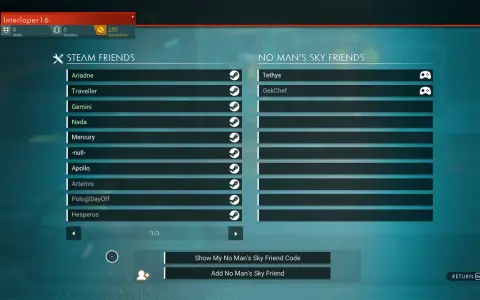 Interfejs gry No Man's Sky z listą znajomych Steam i No Man's Sky, pokazujący możliwości crossplay.