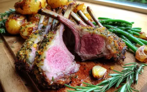 Saftig lammracks med örtpanering, serverad med rostade potatisar, gröna bönor och vitlök. Ett perfekt lammracks recept för helgen!