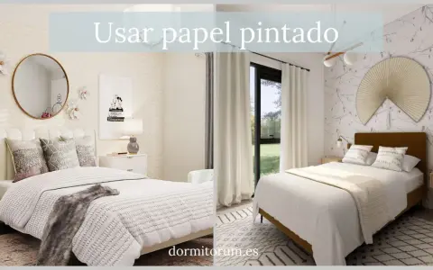 Renovar dormitorio sin cambiar muebles es fácil con papel pintado. Dos estilos de habitación con camas, espejos y lámparas.