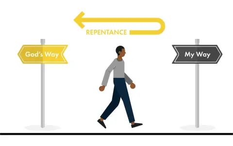 A person walks between signs for "God's Way" and "My Way," with a yellow arrow above labeled "Repentance," illustrating the path to change.