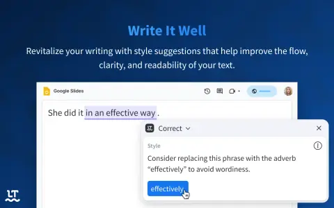 Un language tool suggerisce di sostituire "in an effective way" con "effectively" per rendere il testo più conciso.