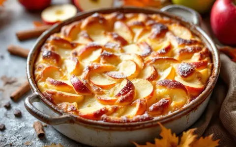 Un délicieux flan aux pommes, doré et saupoudré de sucre glace, prêt à être dégusté. Des pommes fraîches et des bâtons de cannelle l'entourent.