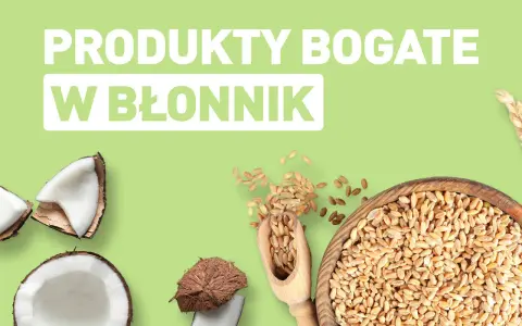 Produkty bogate w błonnik: kokosy i ziarna pszenicy.