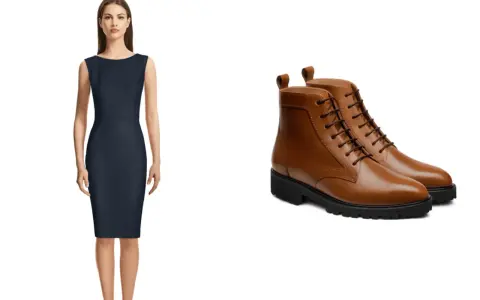 Mujer con vestido azul marino y un par de botas cortas de cuero marrón. Un look casual con vestidos y botas cortas.