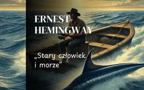 Stary człowiek w łodzi walczy z wielkim marlinem. Obraz nawiązuje do streszczenia "Stary człowiek i morze" Hemingwaya.