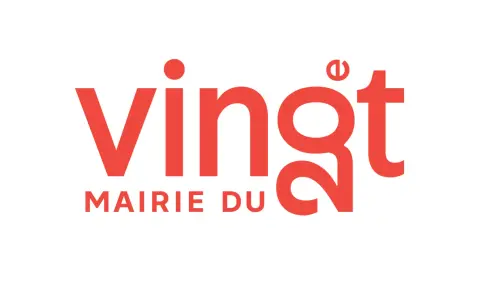 Logo rouge "vingt" avec "MAIRIE DU" en dessous. Le chiffre 20 est stylisé dans le mot "vingt".