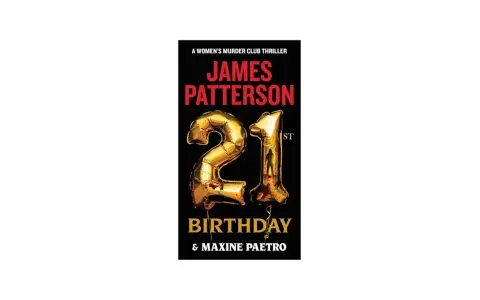 Copertina del thriller "21st Birthday" di James Patterson. Palloncini dorati a forma di 21 macchiati di sangue, suggerendo un compleanno di sangue.