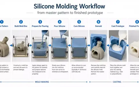 Workflow for how to make a silicon mold: Master pattern, build box, pour silicone, cure, demold, cast prototype, and finish.
