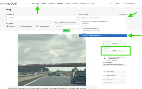 Na stronie prawo jazdy 360 widać, ile jest pytań na prawo jazdy. Wybrano filtr "Pytania z najnowszej aktualizacji", pokazujący 5 z 306 pytań.