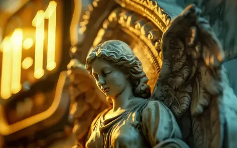Kamienna rzeźba anioła w blasku światła. Liczba 11:11, symbolizująca 1555 znaczenie, pojawia się jako świetlisty znak.