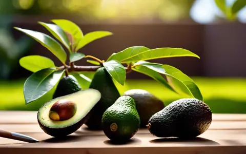 Avocats frais sur une table en bois, sous des feuilles vertes. Un avocat est coupé en deux, révélant son noyau. Un bon engrais avocatier assure une telle récolte.