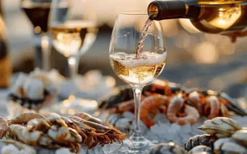 Un verre de vin blanc est versé sur un plateau de fruits de mer frais. Le meilleur vin blanc pour fruits de mer, une combinaison parfaite pour un repas d'été.