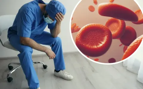Zmęczony lekarz od krwi siedzi na krześle, opierając głowę na dłoni. Obok widok czerwonych krwinek.