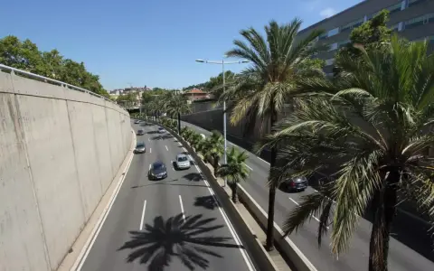 Droga dojazdowa do barcelona lotnisko z palmami i samochodami.
