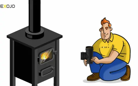 Hombre con tubo para chimenea, listo para instalar. Se muestra una estufa con fuego y su chimenea. El diámetro del tubo de chimenea es crucial.