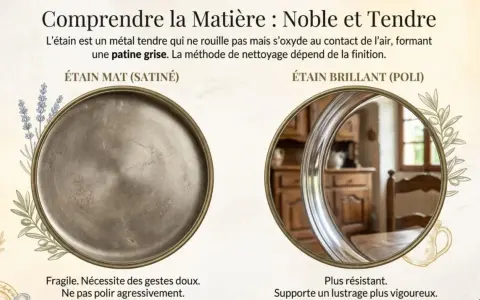 Deux finitions d'étain : mat (satiné) et brillant (poli), avec des éléments décoratifs.