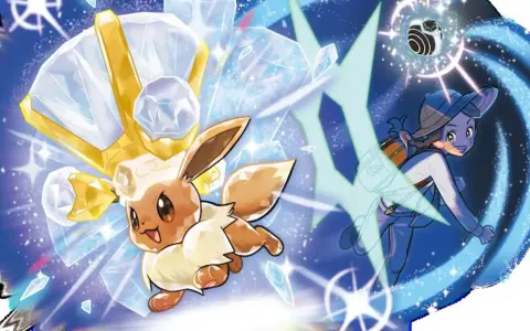 Eevee con corona de diamantes y oro, listo para cambiar teratipo pokemon. Una entrenadora sonríe, rodeada de energía azul y cristales.