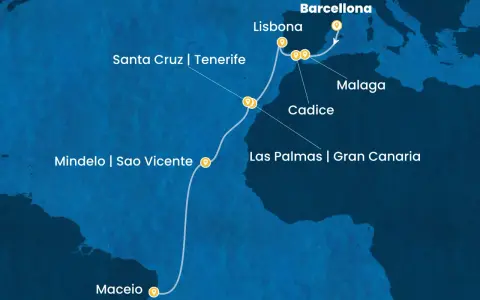 Mappa di una crociera Costa che parte da Maceio, passa per le Canarie e Capo Verde, risale fino a Lisbona e poi attracca a Barcellona.