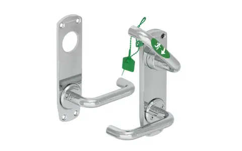 Chrome door handles, one with an emergency exit sign and green tag.