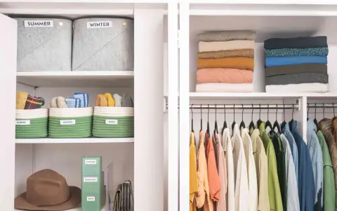 Closet with organized shelves: labeled bins for scarves, gloves, hats, jewelry, bandanas, belts, stacked sweaters, and hanging clothes.
